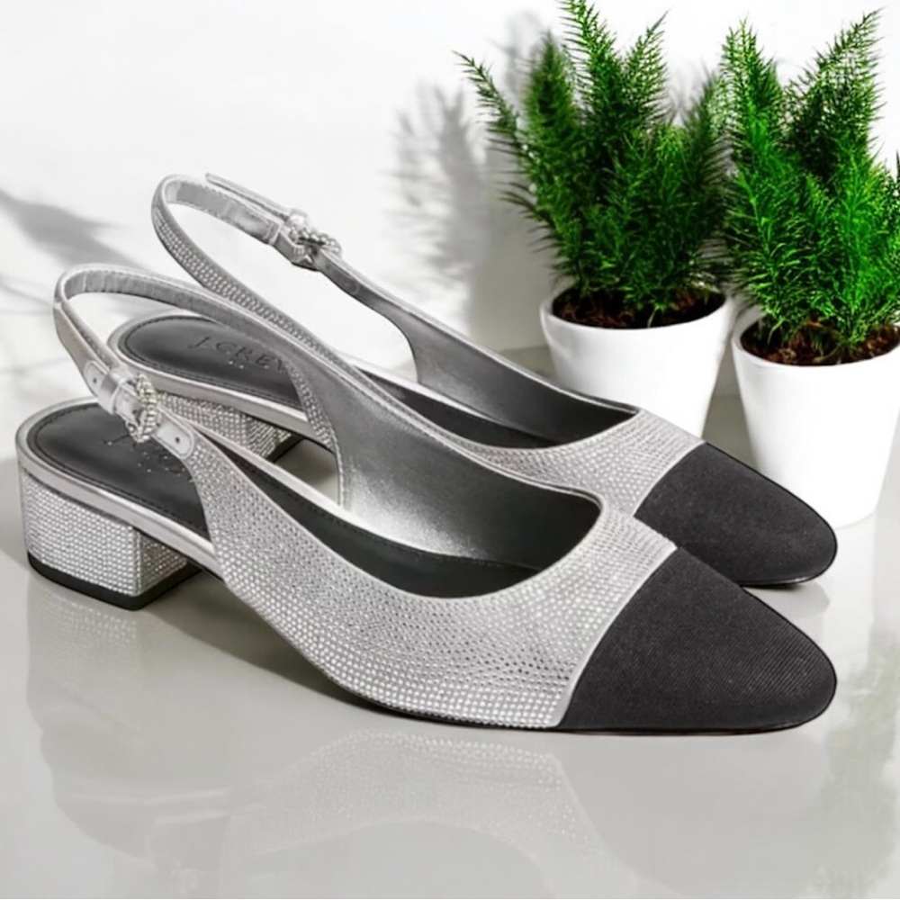 🆕J.Crew Elegant Sparkly Silver and Black Slingback Heels